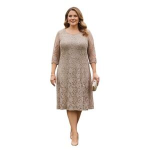 Chris McLaughlin Lace Sequin‎ Dress Women 18W Taupe Mauve 3/4 Sleeve Knee Length